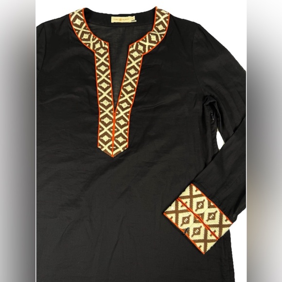 Tory Burch $295 Tunic Long Sleeve Top Size 12 Navy w/ Ivory Orange Brown Accents - Picture 3 of 14